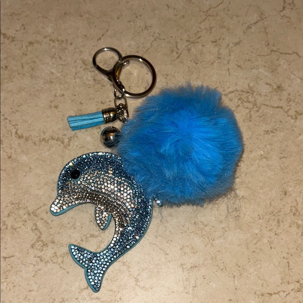 Blue Dolphin Keychain with Pom Pom